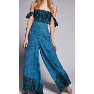 Free People Bali Blue Wide Leg Jumpsuit Rayon Bohemian Small